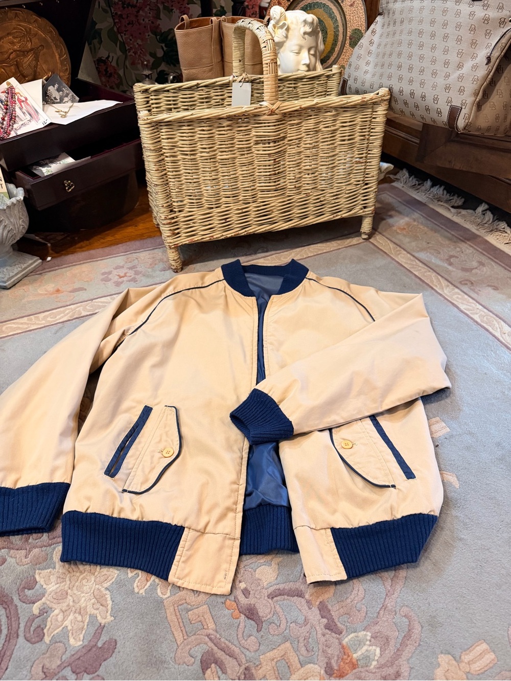 Men's Beige Bomber Jacket with Navy Trim